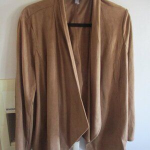 JM Collection easycare faux suede brown tan cardigan jacket L